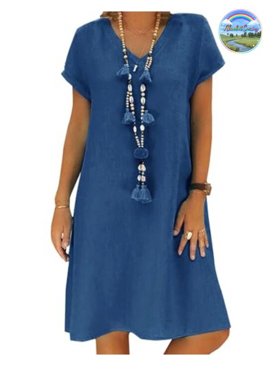 Other - Short Sleeve V-Neck A-Line Knee-Length Dress with Pockets Loose Fit Cotton